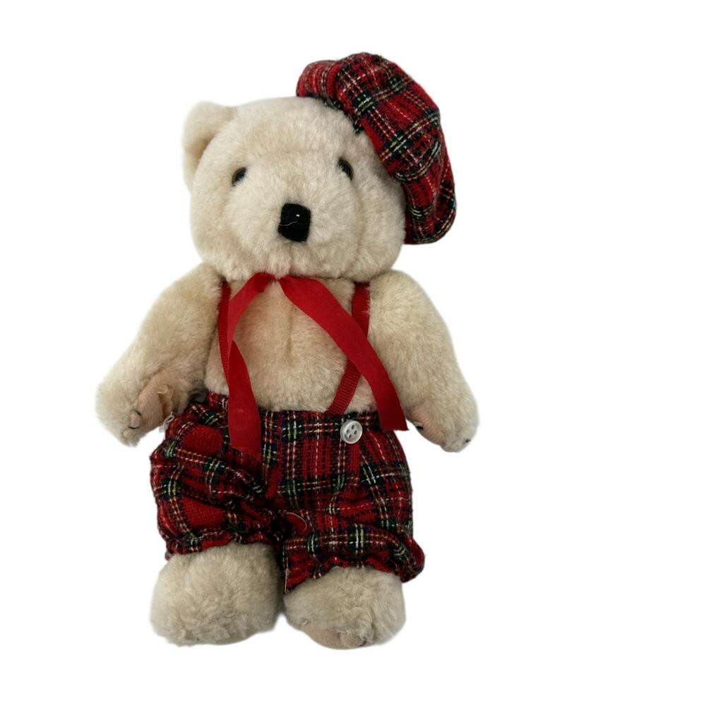 Vintage Teddy Bear Stuffed Animal Red Plaid Outfit Plaid Beret Christmas Holiday